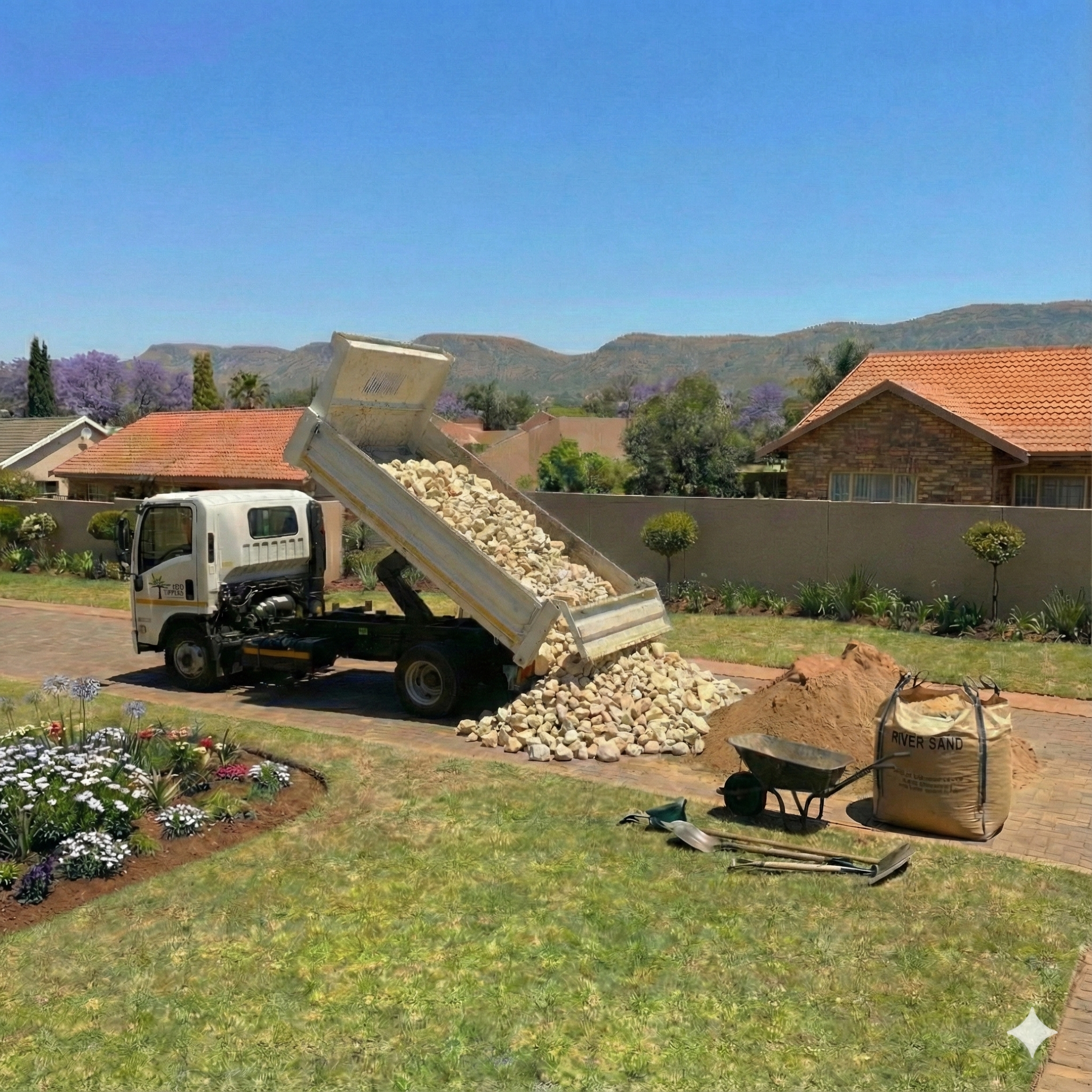 Delivery truck offloading medium cream dump rocks and landscaping aggregates for a garden project in Pretoria East by Topsoil Tippers.